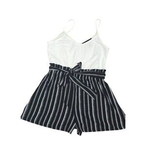 Polly & Esther Striped Black & White Sleeveless Romper With Adjustable Waist Tie